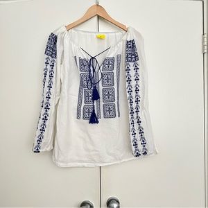 Robert roller rabbit embroidered peasant blouse with adjustable tie at the neck